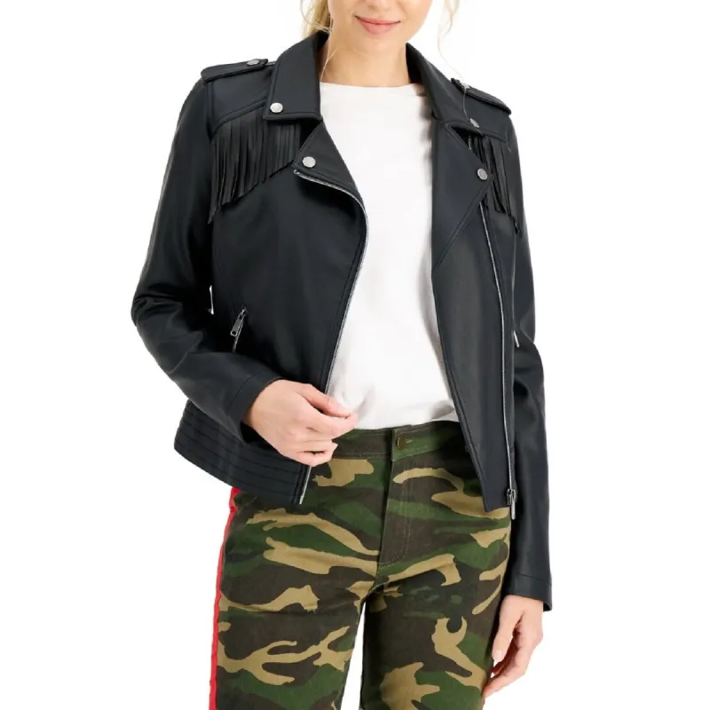 Coffeeshop Junior's Faux Leather Fringe Moto Jacket Black Size Medium sold by Zulily