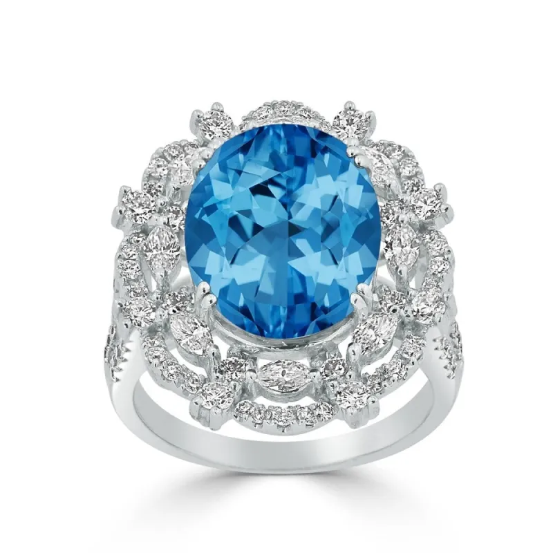 Auriya Unique 8 7/8ct Oval Blue Topaz Double Halo Diamond Ring 1 1/2cttw 18K Gold sold by Zulily