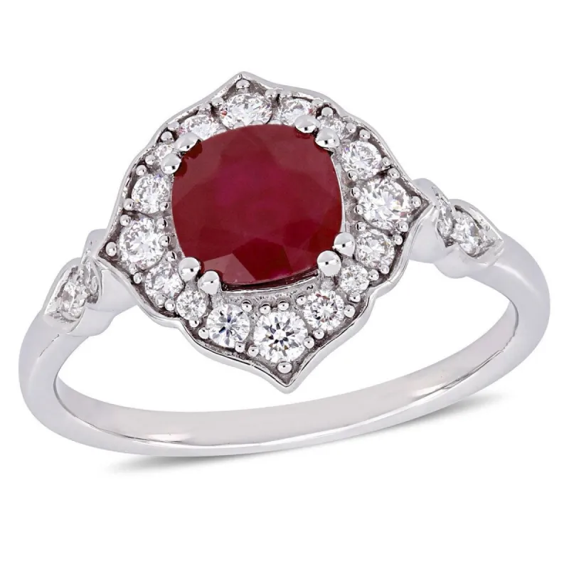 Miadora 14k White gold Ruby and 1/3ct TDW Diamond Halo Engagement Ring sold by Zulily