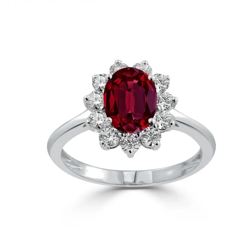 Auriya 1 3/8ct Oval Red Ruby and 5/8ctw Sunburst Halo Diamond Engagement Ring 18K Gold sold by Zulily