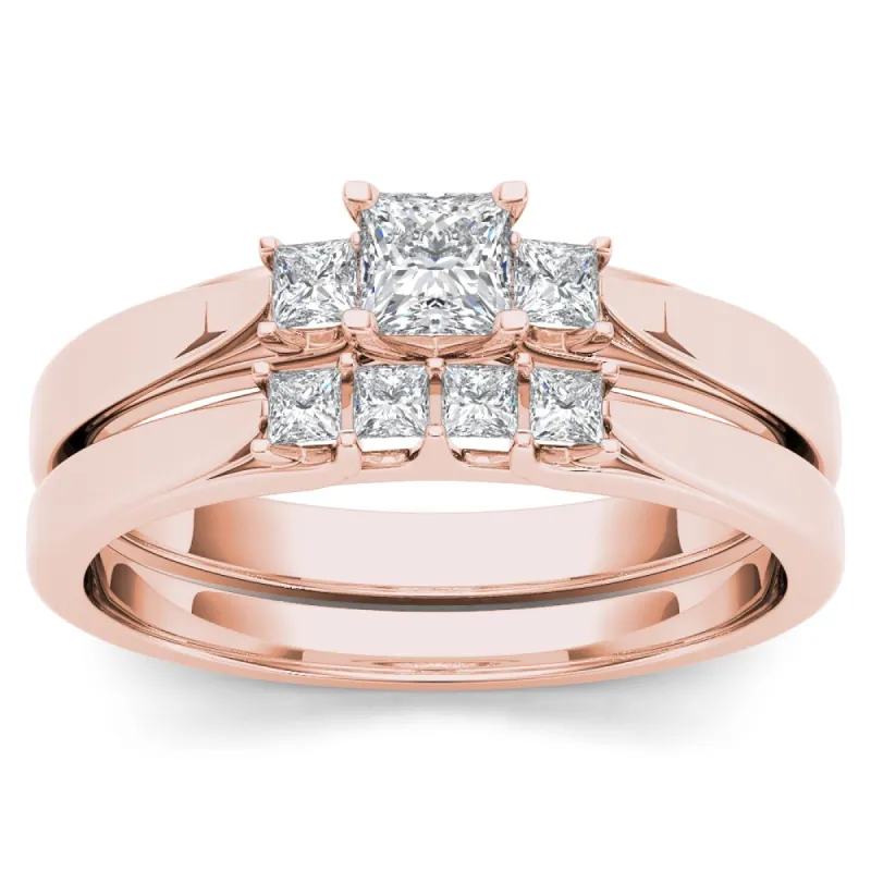 De Couer 14k Rose Gold 1/2ct TDW Diamond Three-Stone Engagement Ring Set with One Band sold by Zulily