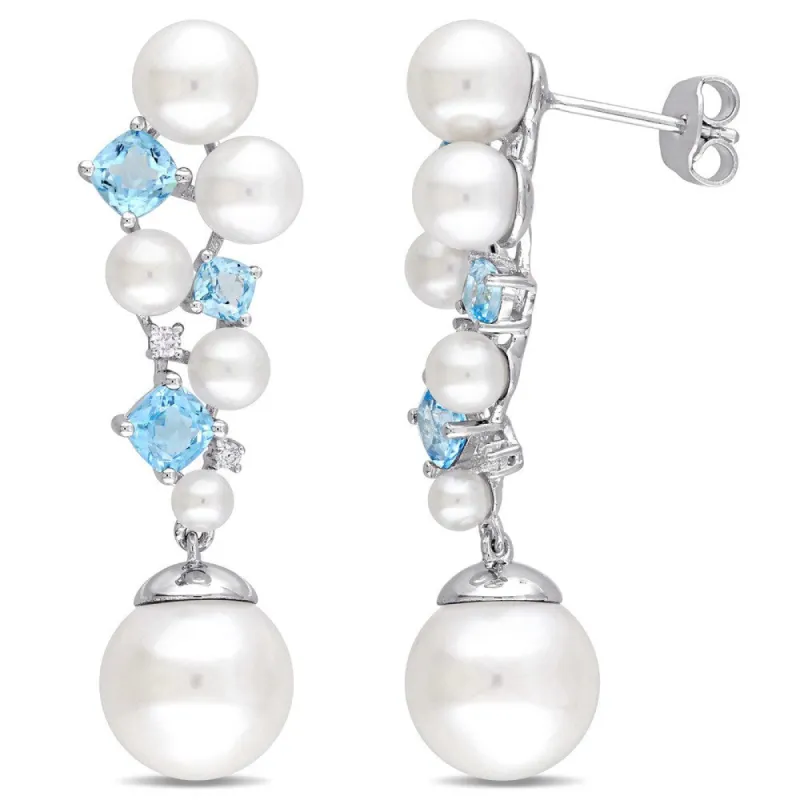 Miadora Sterling Silver Cultured Freshwater Pearl Swiss-Blue Topaz and Diamond Cluster Drop Earrings (11-12 mm) - White sold by Zulily