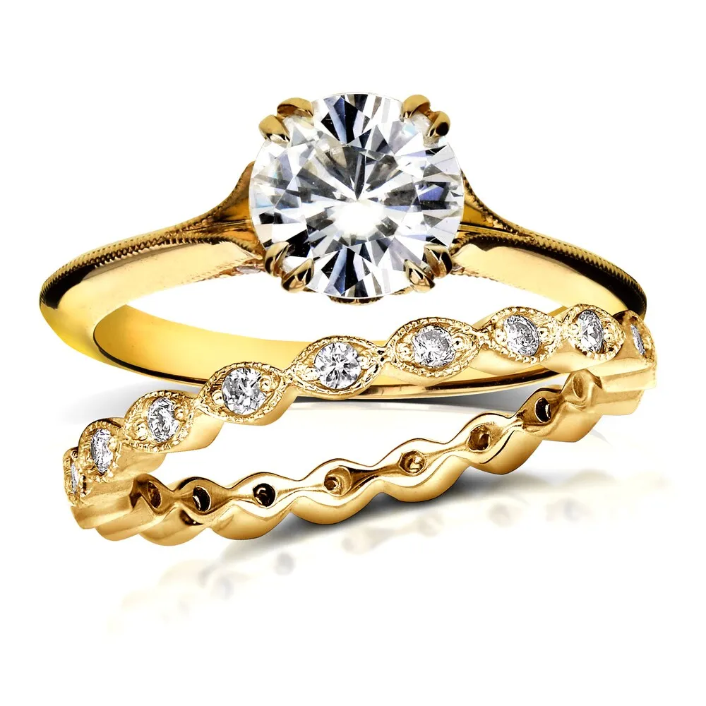 Annello by Kobelli 14k Yellow Gold 1 2/5ct TGW Forever One Moissanite (DEF) and Diamond (GH) Blooming Flower 2-Piece Bridal Set sold by Zulily product image thumbnail 3