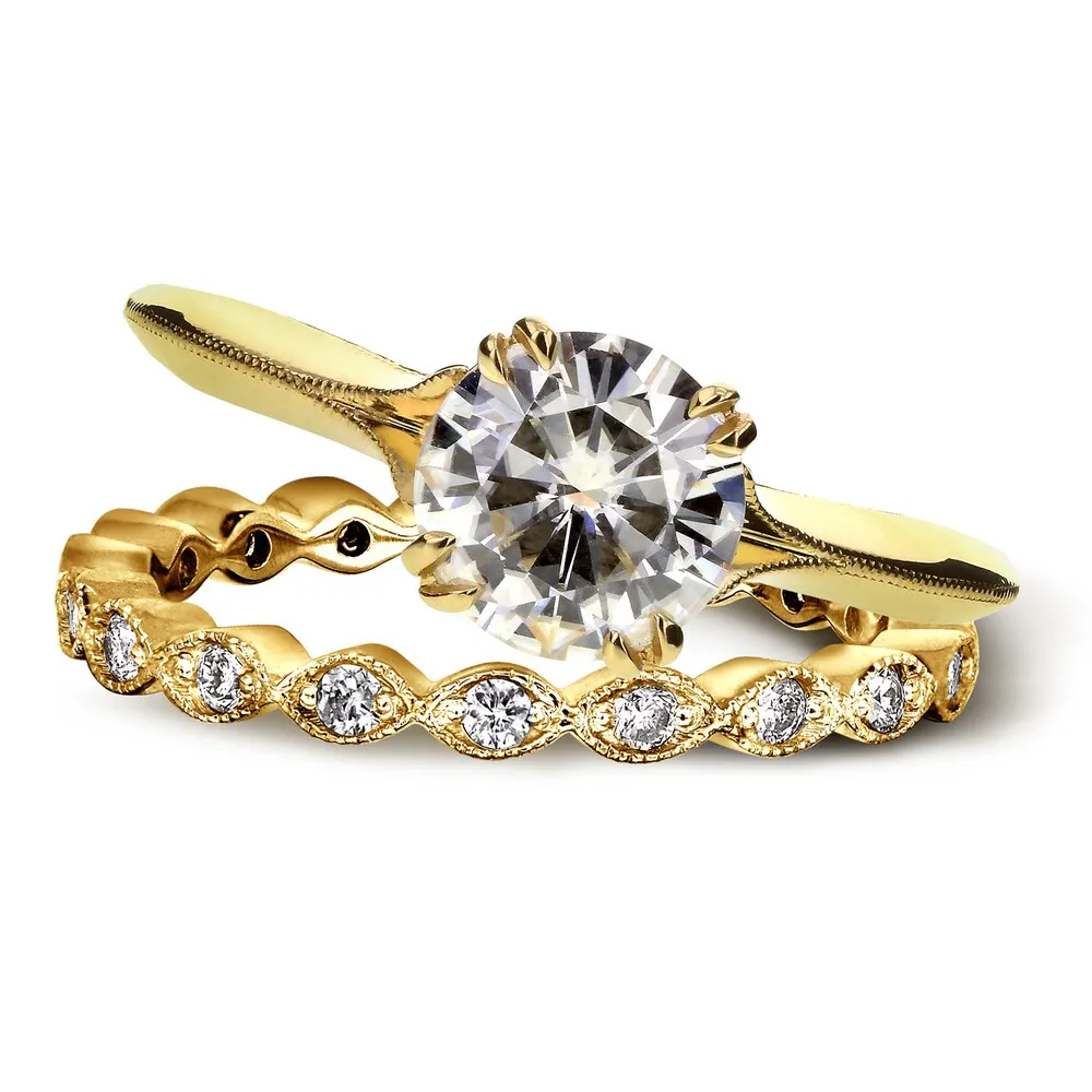 Annello by Kobelli 14k Yellow Gold 1 2/5ct TGW Forever One Moissanite (DEF) and Diamond (GH) Blooming Flower 2-Piece Bridal Set sold by Zulily product image thumbnail 2