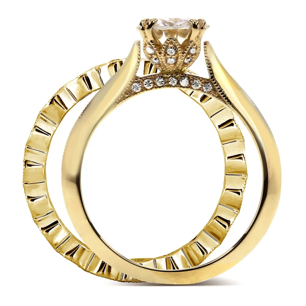 Annello by Kobelli 14k Yellow Gold 1 2/5ct TGW Forever One Moissanite (DEF) and Diamond (GH) Blooming Flower 2-Piece Bridal Set sold by Zulily product image thumbnail 5