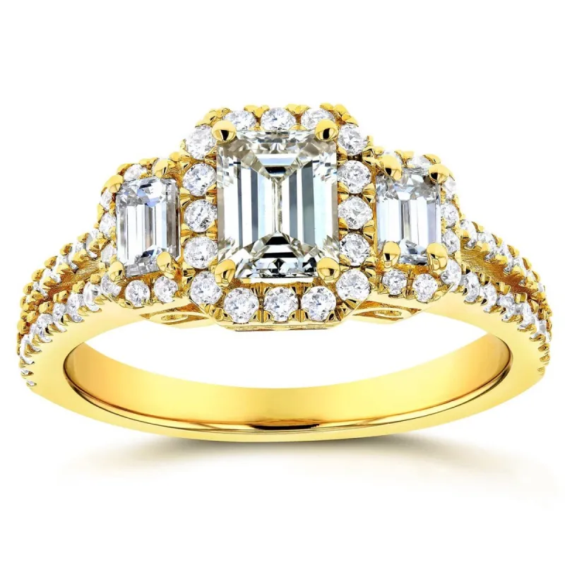 Annello by Kobelli 14k Yellow Gold 1 1/5ct TDW Three Stone Emerald Diamond and Halo Engagement Ring sold by Zulily