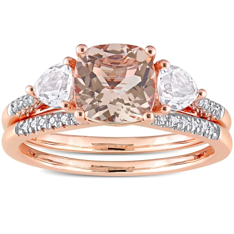 Miadora 10k Rose Gold Morganite White Topaz & 1/10ct TDW Diamond 3-Stone Bridal Ring Set sold by Zulily