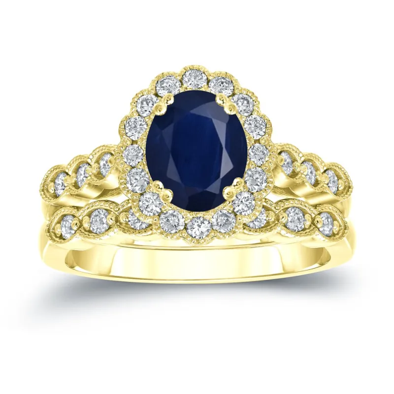 Auriya 14k Gold 1 1/2ct Oval Cut Blue Sapphire and 3/5ct TDW Diamond Halo Bridal Ring Set (H-I, SI1-SI2) sold by Zulily