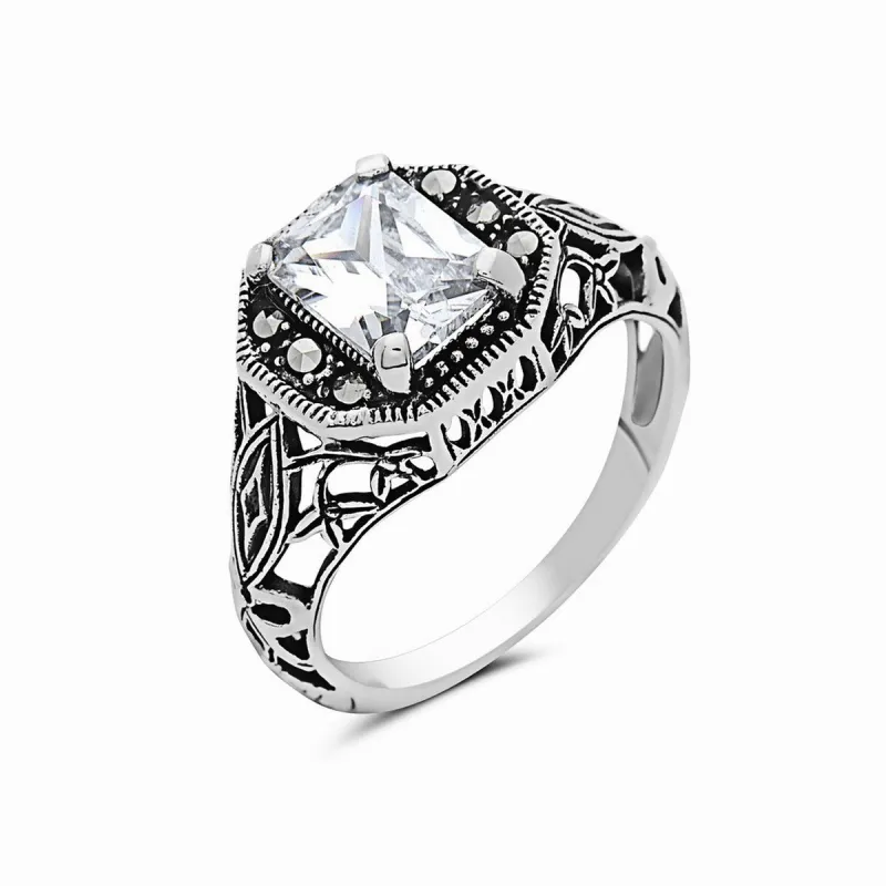 Tang & Song Sterling Silver and Marcasite Clear CZ with Octagonal Shape Ring sold by Zulily