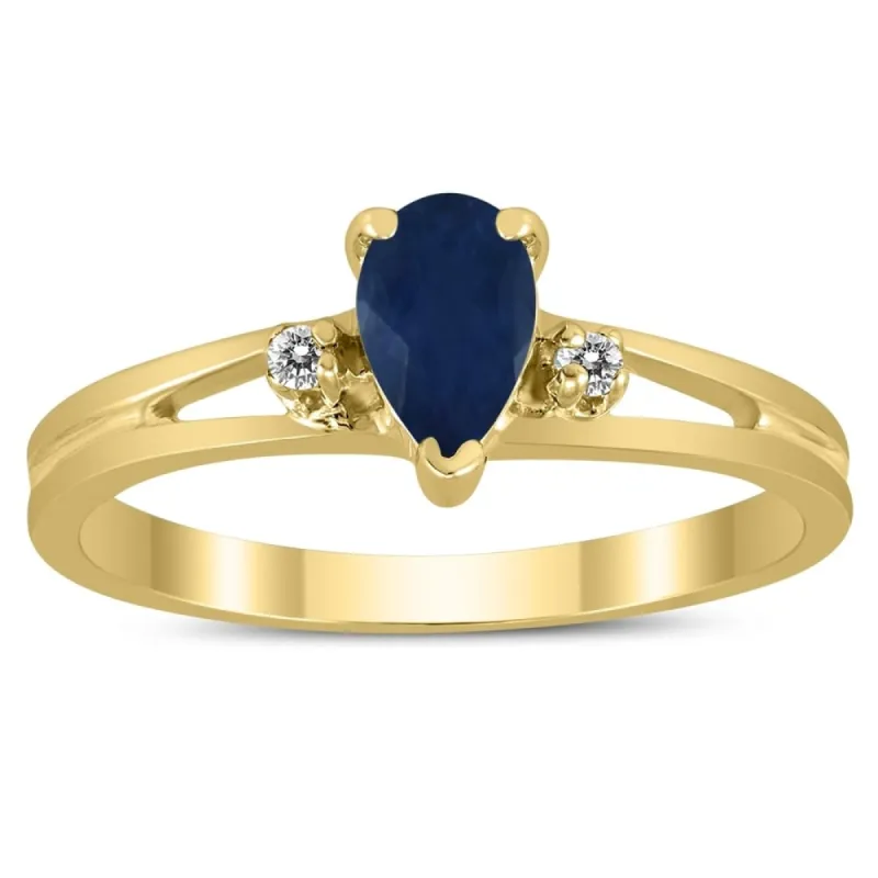 6X4MM Sapphire and Diamond Pear Shaped Open Three Stone Ring in 10K Yellow Gold sold by Zulily