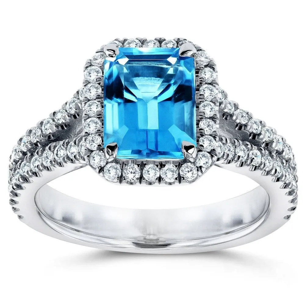 Annello by Kobelli 14k White Gold 2ct TGW Emerald Cut Swiss Blue Topaz and Diamond Halo Split Shank Gemstone Ring sold by Zulily product image thumbnail 3
