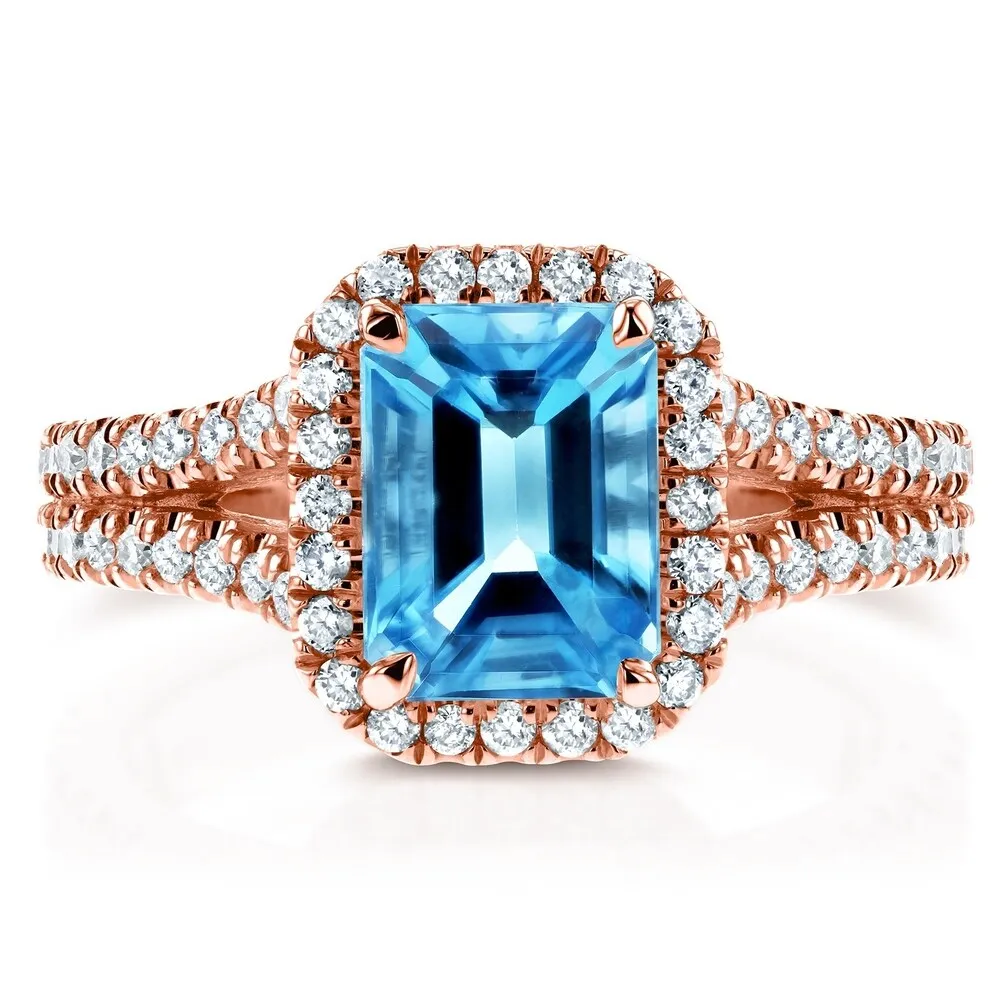 Annello by Kobelli 14k White Gold 2ct TGW Emerald Cut Swiss Blue Topaz and Diamond Halo Split Shank Gemstone Ring sold by Zulily product image thumbnail 5