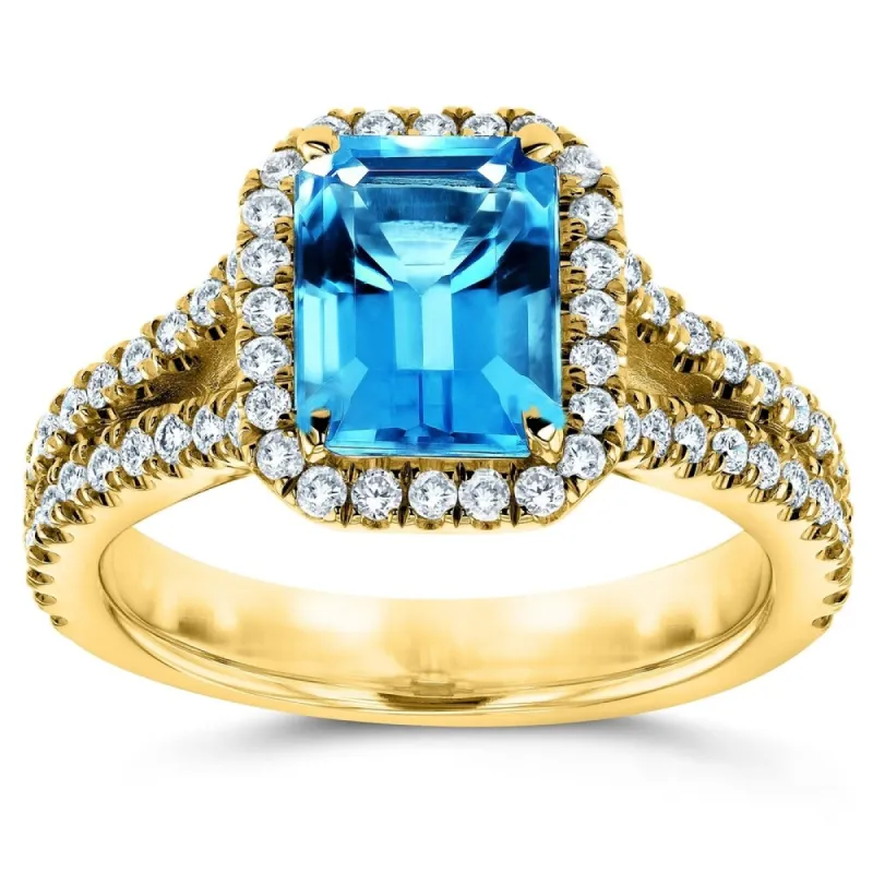 Annello by Kobelli 14k White Gold 2ct TGW Emerald Cut Swiss Blue Topaz and Diamond Halo Split Shank Gemstone Ring sold by Zulily