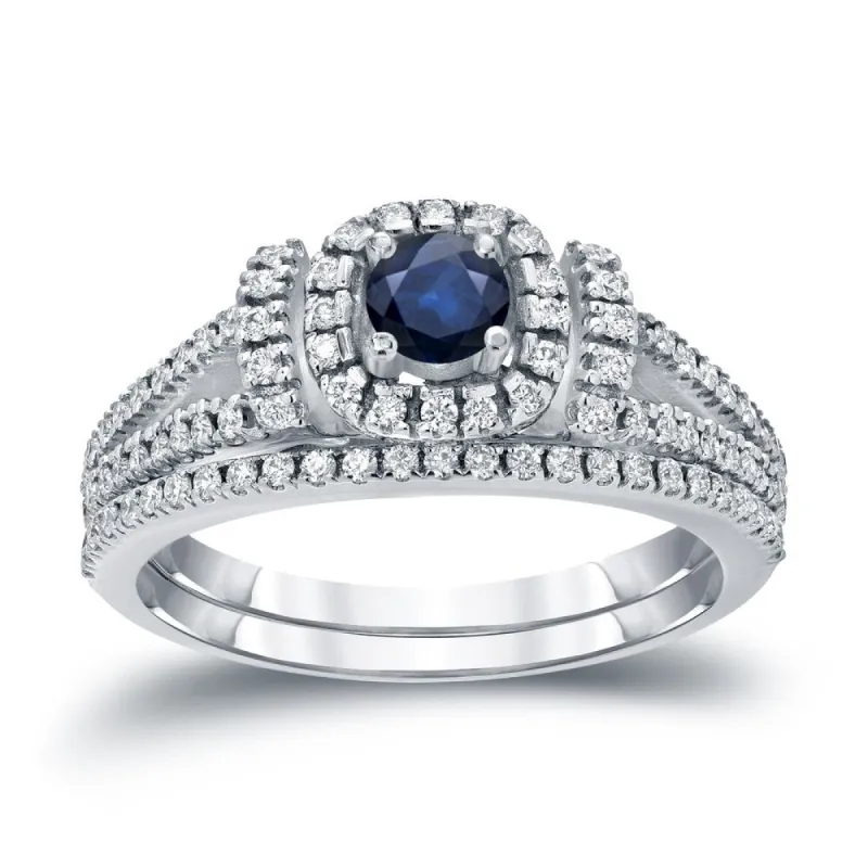 Auriya Modern 1/5ct Blue Sapphire and 1/2ctw Halo Diamond Engagement Ring Set 14kt Gold sold by Zulily