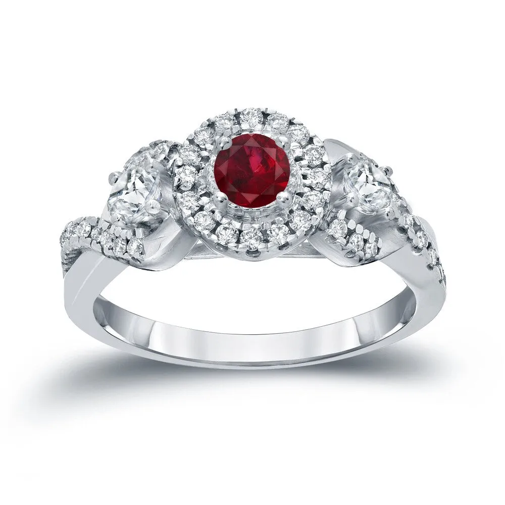 Auriya 1/5ct Red Ruby Gemstone and 1/2ctw 3-Stone Halo Diamond Engagement Ring 14k Gold sold by Zulily