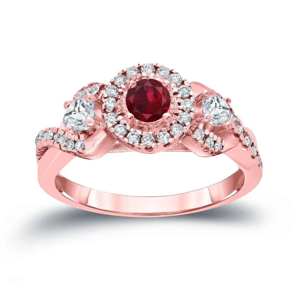 Auriya 1/5ct Red Ruby Gemstone and 1/2ctw 3-Stone Halo Diamond Engagement Ring 14k Gold sold by Zulily product image thumbnail 3