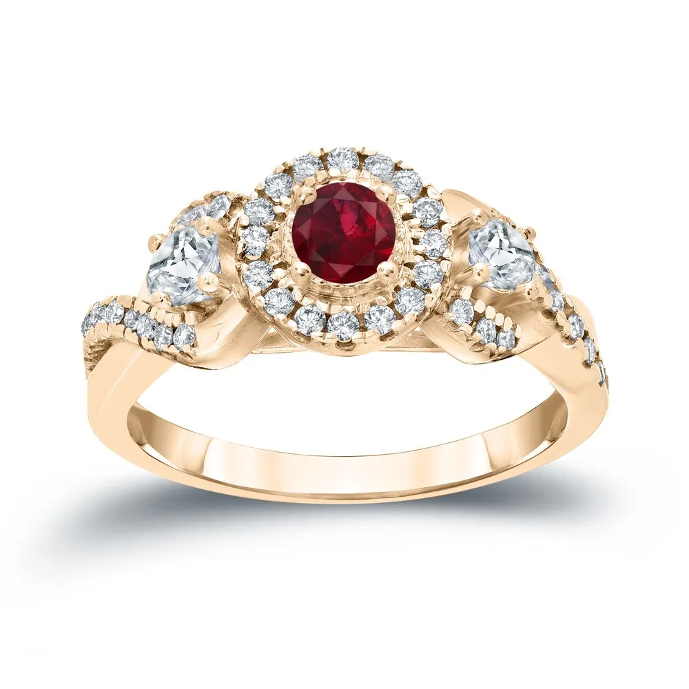 Auriya 1/5ct Red Ruby Gemstone and 1/2ctw 3-Stone Halo Diamond Engagement Ring 14k Gold sold by Zulily product image thumbnail 2