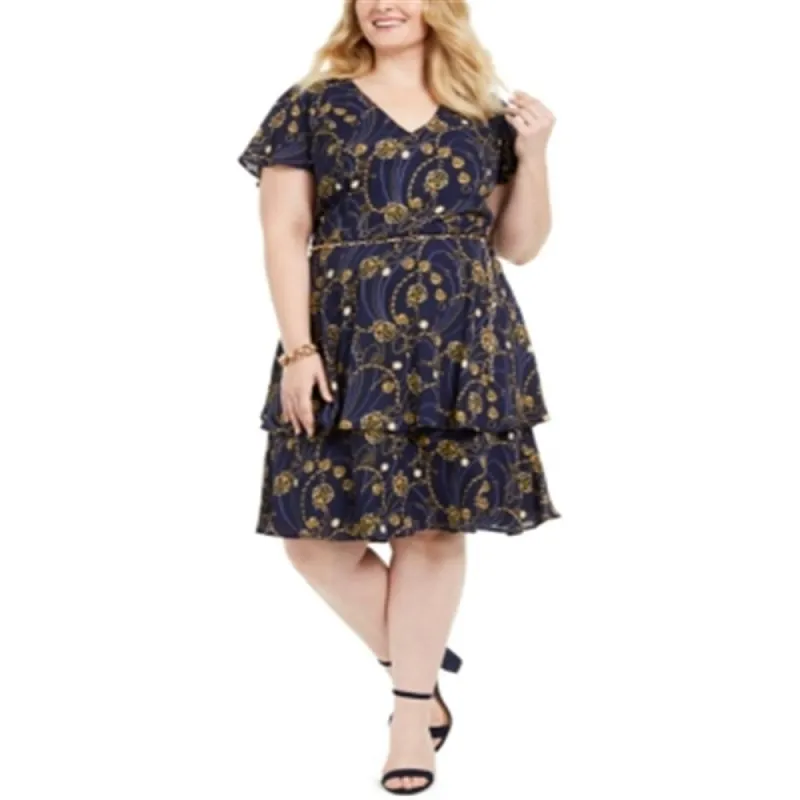 Teeze Me Women's Ruffled Printed Short Sleeve V Neck Knee Length Sheath Dress Blue Size 20 sold by Zulily