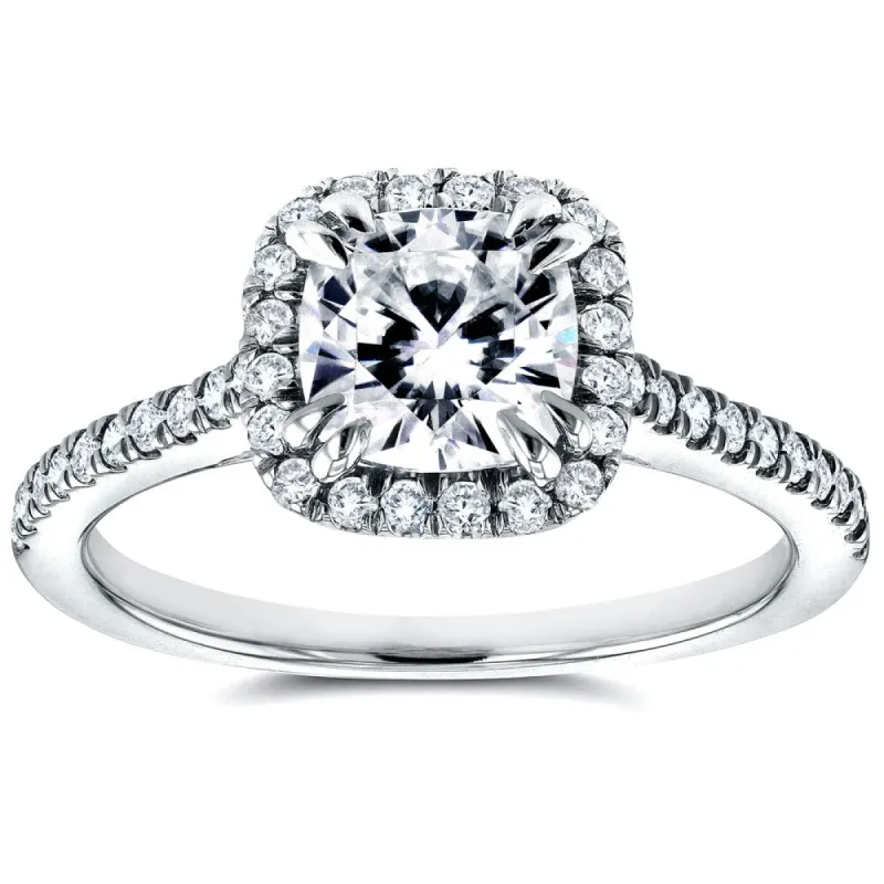 Annello by Kobelli 14k White Gold 1 2/5ct TGW Forever One Moissanite and Diamond Halo Cathedral Engagement Ring sold by Zulily
