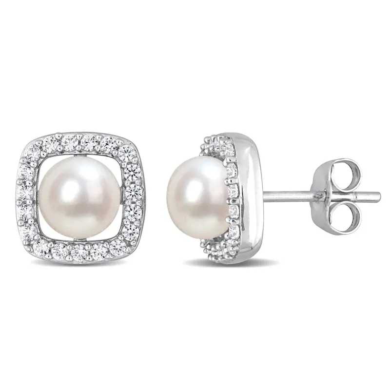 Miadora 6-6.5mm Cultured Freshwater Pearl and 3/8 CT TGW Created White Sapphire Halo Stud Earrings 10k White Gold sold by Zulily