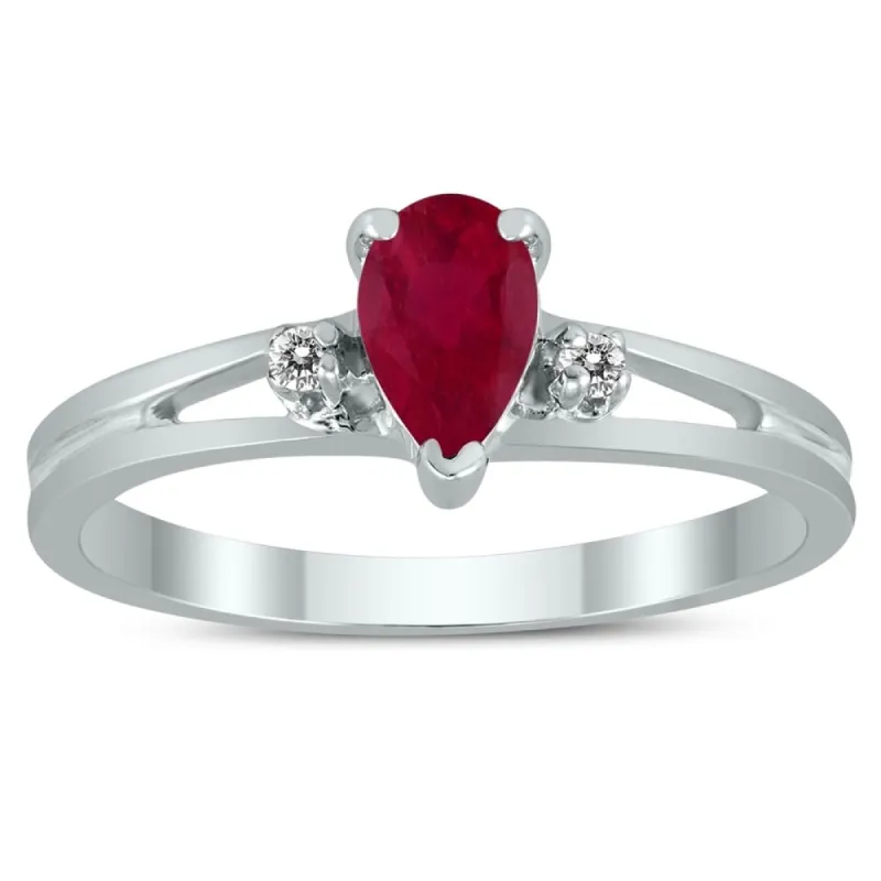 6X4MM Ruby and Diamond Pear Shaped Open Three Stone Ring in 10K White Gold sold by Zulily