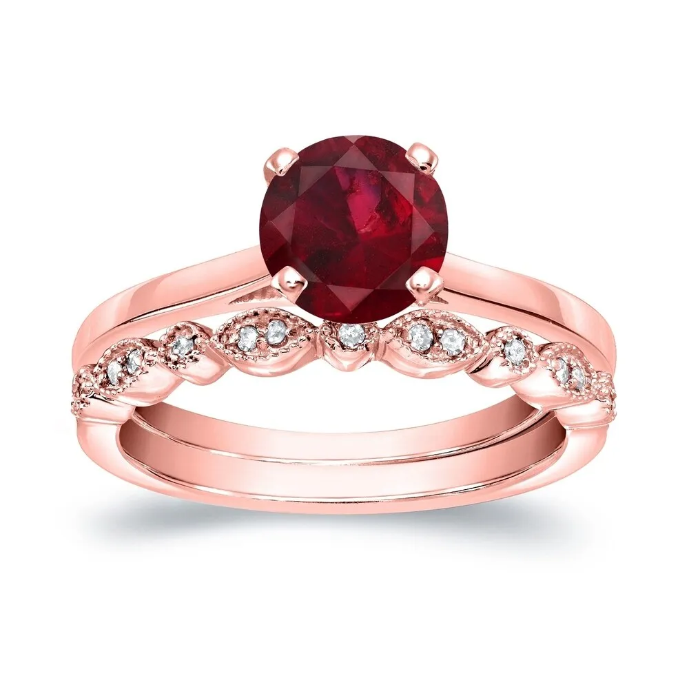 Auriya Vintage Stackable 7/8ct Red Ruby Solitaire and 1/6ctw Diamond Engagement Ring Set 14k Gold sold by Zulily product image thumbnail 3