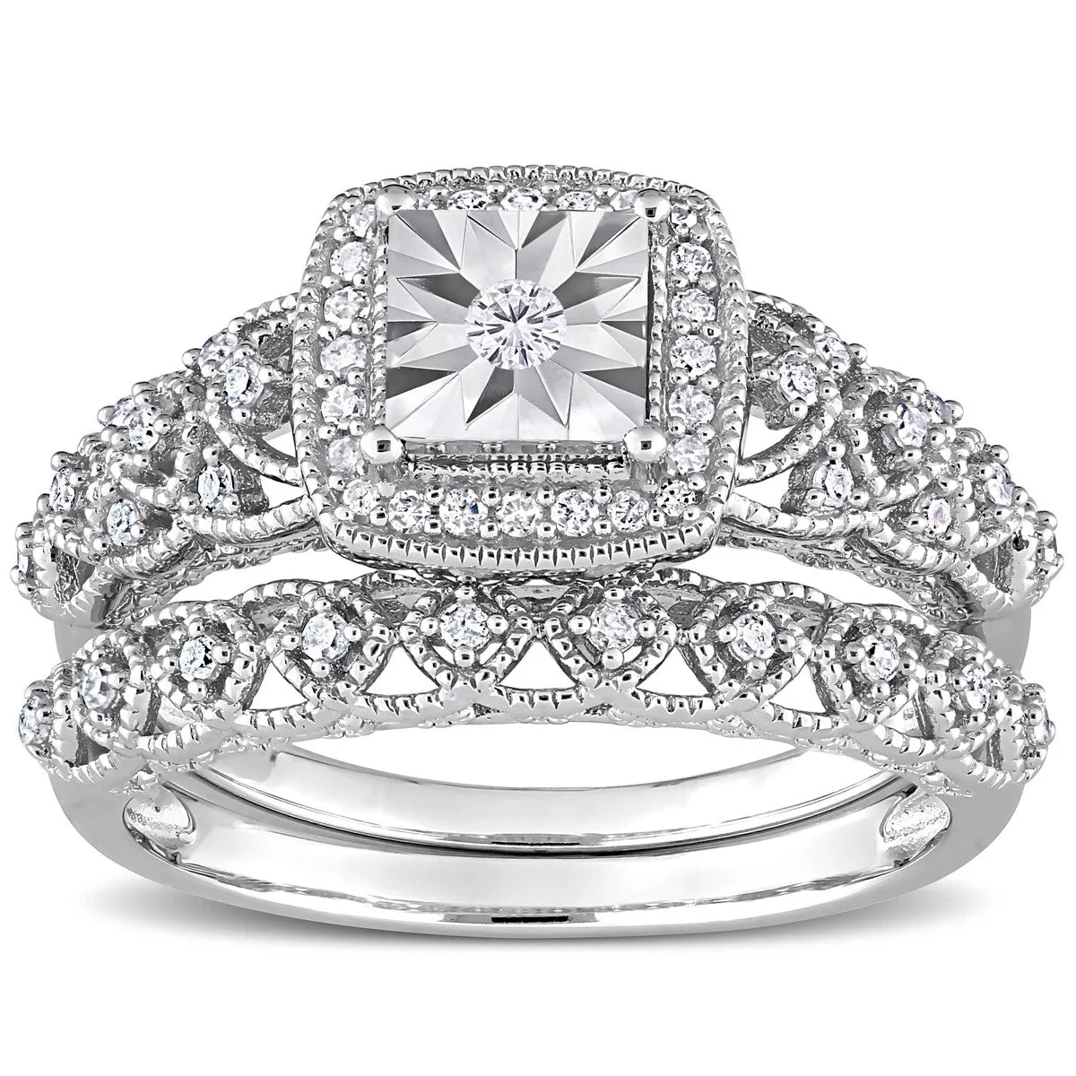 Miadora 1/3ct TDW Diamond Cushion Halo Bridal Ring Set in Sterling Silver sold by Zulily
