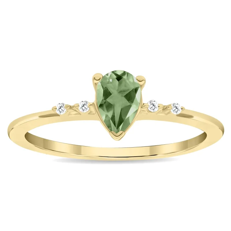 Women's Pear Shaped Green Amethyst and Diamond Sparkle Ring in 10K Yellow Gold sold by Zulily