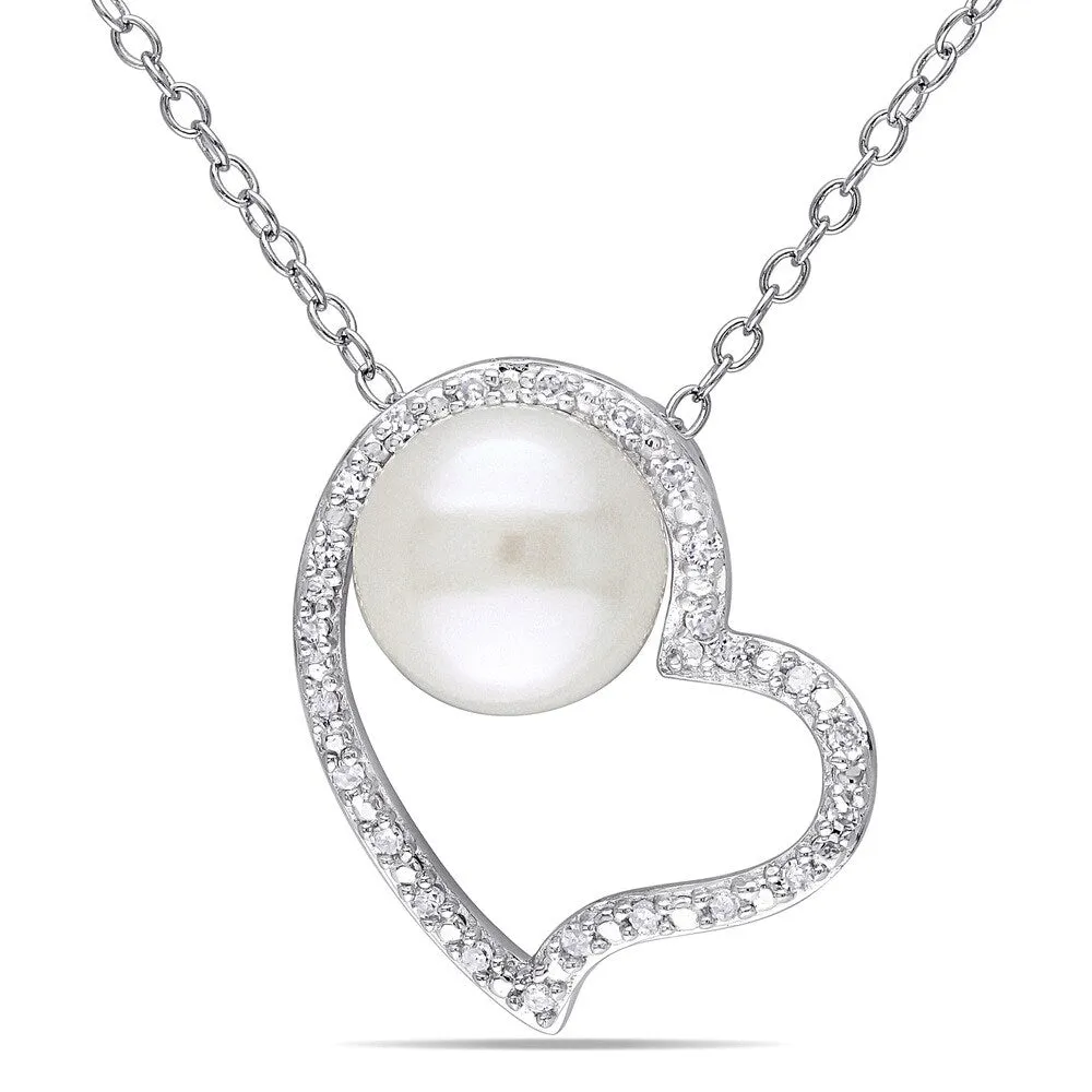 Miadora Sterling Silver Pearl and 1/10ct TDW Diamond Heart Necklace (H-I, I2-I3) (8-8.5 mm) sold by Zulily