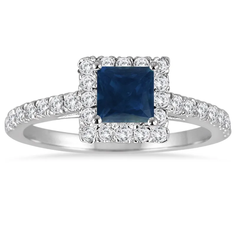 1 Carat TW Princess Cut Genuine Sapphire and Diamond Halo Engagement Ring in 14K White Gold sold by Zulily