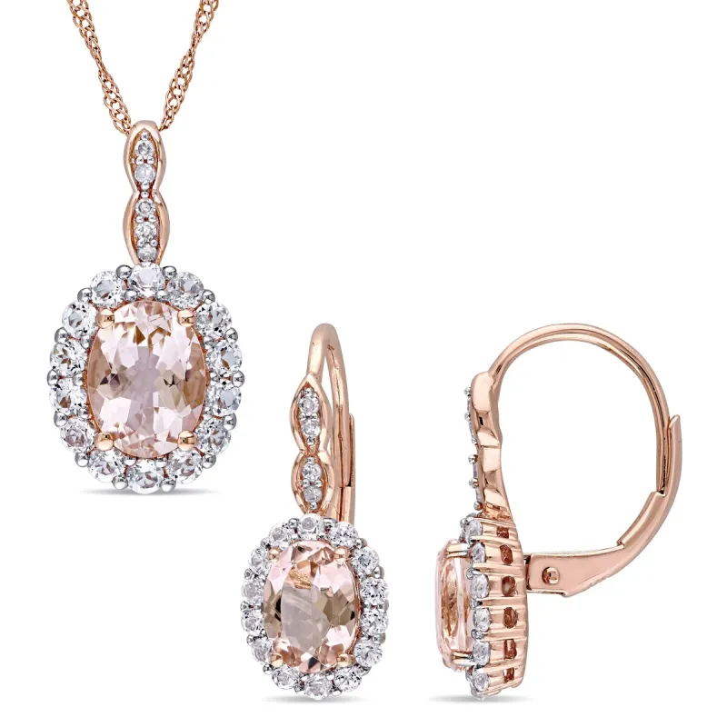 Miadora 14k Rose Gold Oval-cut Morganite, White Topaz & 5/8ct TDW Diamond Halo Drop Jewelry Set sold by Zulily