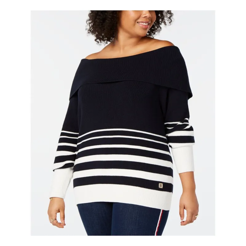 Tommy Hilfiger Women's Plus Striped Off the Shoulder Sweater Blue Size 2XL sold by Zulily