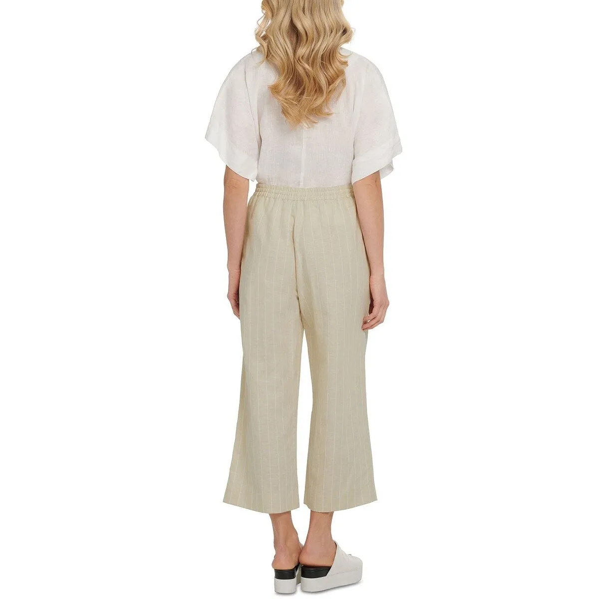 DKNY Women's Drawstring Wide-Leg Cropped Linen Pants Ivory Size X-Large sold by Zulily product image thumbnail 2