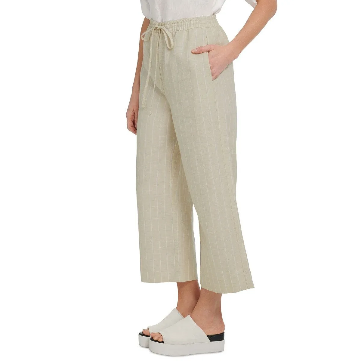 DKNY Women's Drawstring Wide-Leg Cropped Linen Pants Ivory Size X-Large sold by Zulily product image thumbnail 3