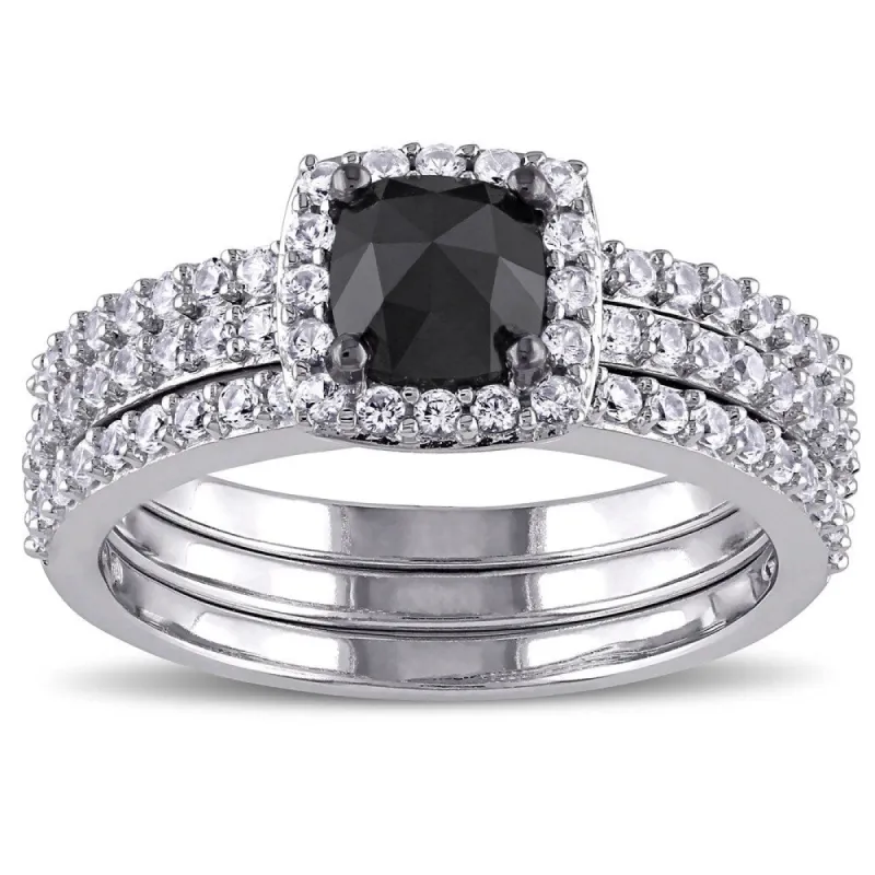 Miadora 10k White Gold 3/4ct TDW Black Diamond and Created White Sapphire Bridal Ring Set sold by Zulily