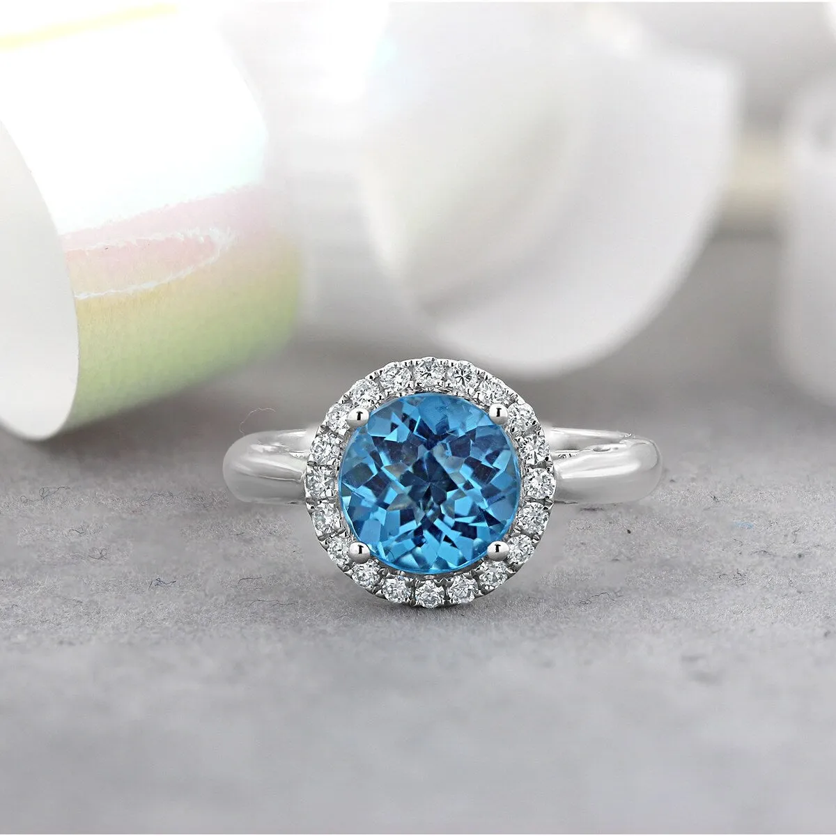 Auriya 2 1/2ct Round Swiss Blue Topaz and Halo Diamond Engagement Ring 1/4ctw 14k Gold sold by Zulily product image thumbnail 3