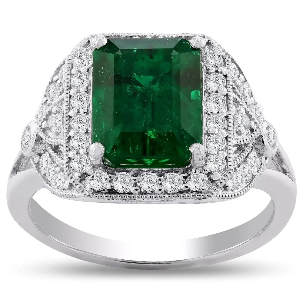 Auriya Platinum 3 1/5ct Emerald-Cut Emerald and 3/8ct TDW Diamond Halo Engagement Ring sold by Zulily product image thumbnail 3