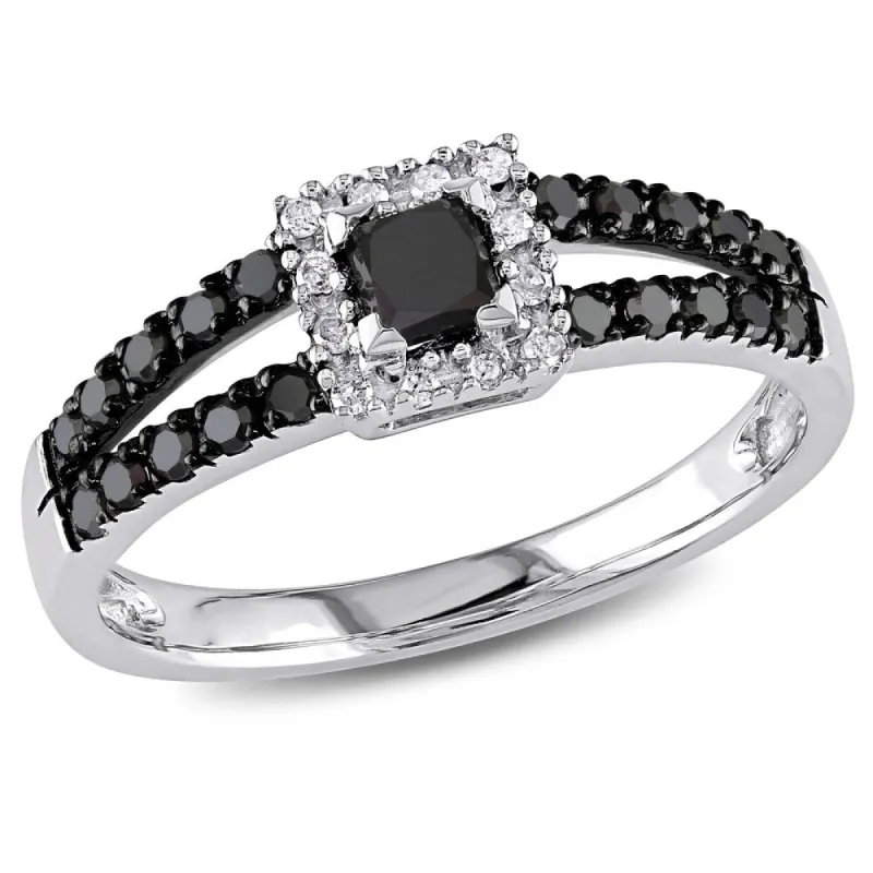 Miadora 10k White Gold 1/2ct TDW Black and White Diamond Halo Split Shank Engagement Ring sold by Zulily