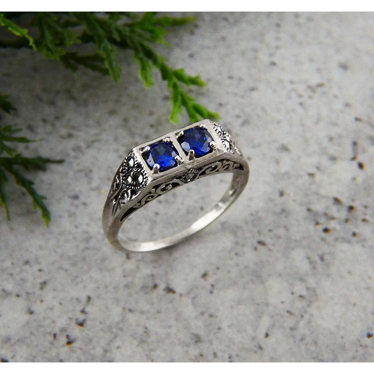 Tang & Song Sterling Silver Bar shape Tanzanite Blue Glass and Marcasite Ring sold by Zulily