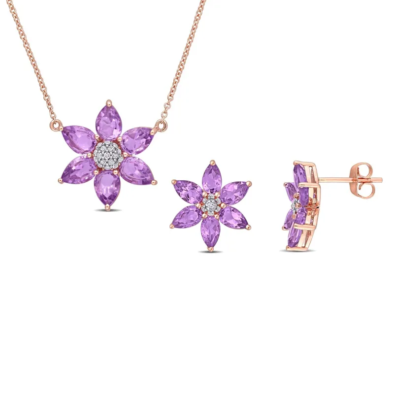 Miadora Amethyst & 1/6ct TDW Diamond Clustered Floral Stud Earrings & Necklace Set in 10k Rose Gold sold by Zulily