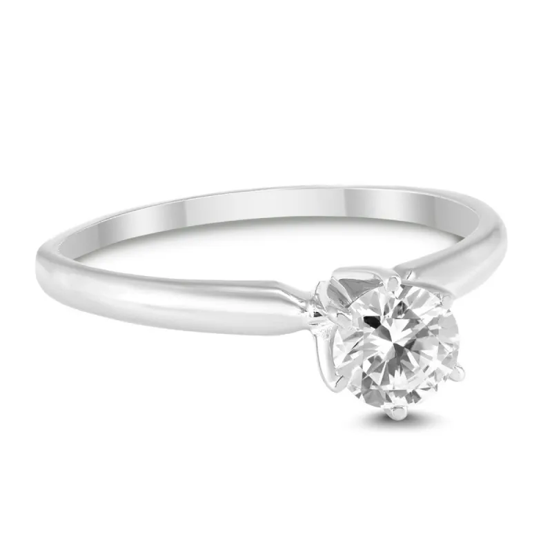 AGS Certified (J-K Color, SI1-SI2 Clarity) 1/2 Carat Round Diamond Solitaire Ring in 14K White Gold sold by Zulily