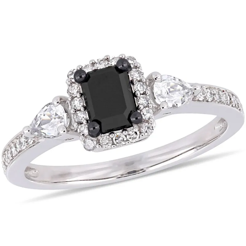 Miadora Signature Collection 10k White Gold 7/8ct TDW Black and White Diamond White Sapphire 3-Stone Halo Engagement Ring sold by Zulily