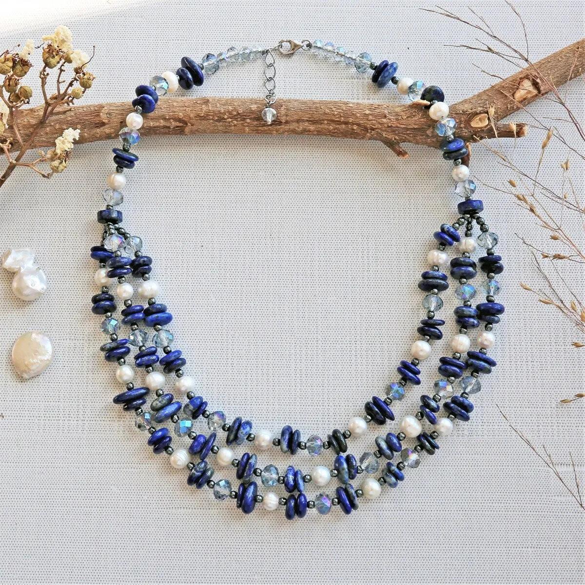 Triple Strand Gemstone and Pearl Necklace sold by Zulily