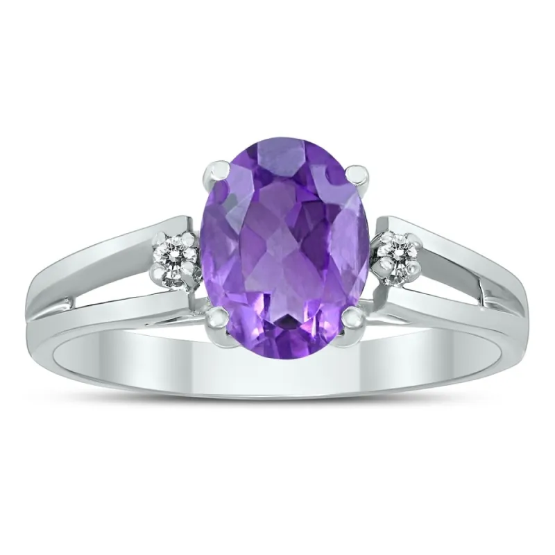 8X6MM Amethyst and Diamond Open Three Stone Ring in 10K White Gold sold by Zulily