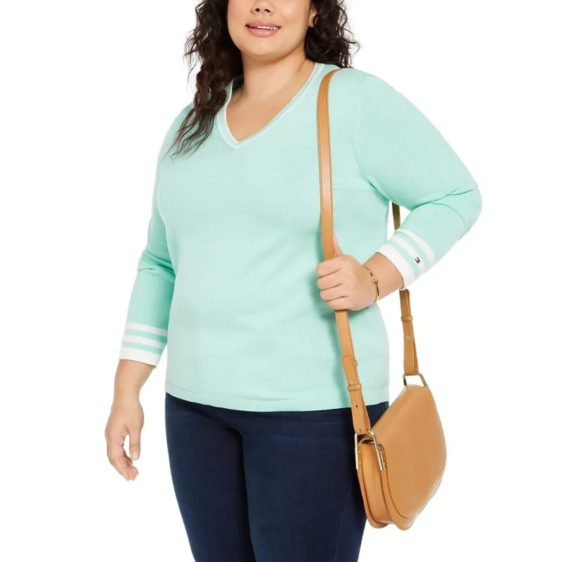 Tommy Hilfiger Women's Plus Cotton V Neck Pullover Sweater Green Size 1X sold by Zulily