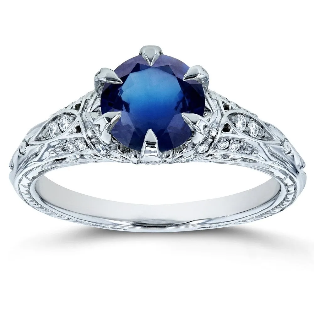 Annello by Kobelli 14k White Gold 1 1/6ct TGW Sapphire and Diamond 6-Prong Antique Engagement Ring sold by Zulily