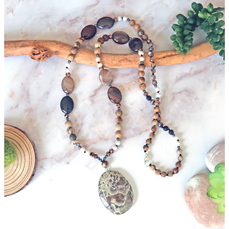 Long Beaded Earthy Tone Jasper Pendant Necklace sold by Zulily
