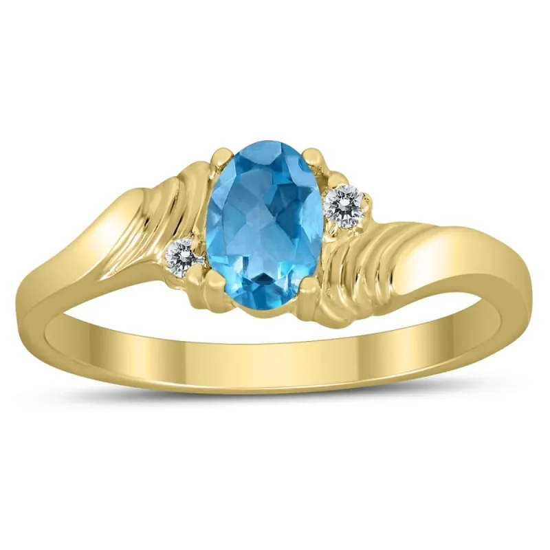 6X4MM Blue Topaz and Diamond Wave Ring in 10K Yellow Gold sold by Zulily