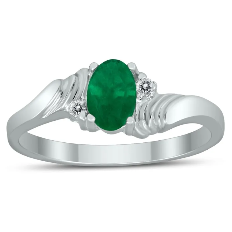 6X4MM Emerald and Diamond Wave Ring in 10K White Gold sold by Zulily