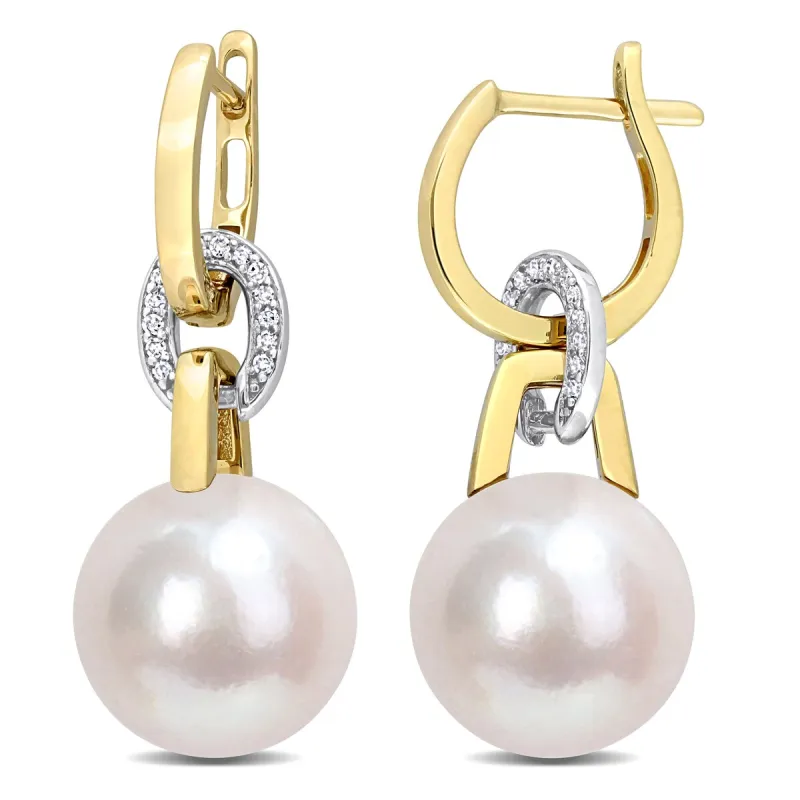 Miadora 11 12mm Cultured Freshwater Pearl & 1/10ct TDW Diamond Huggie Earrings in 14k Yellow and White Gold sold by Zulily